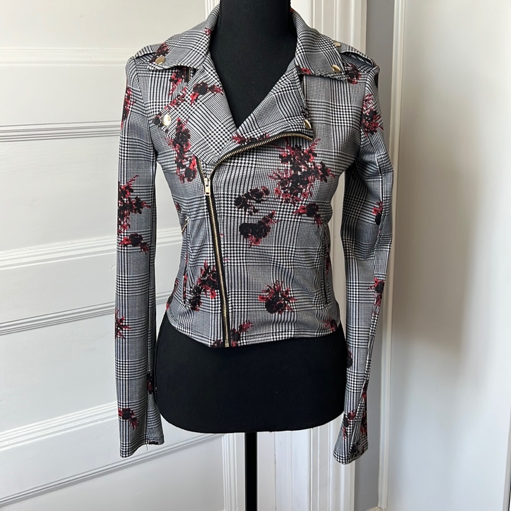 MATERIAL GIRL plaid and floral MOTO Jacket, size S‎